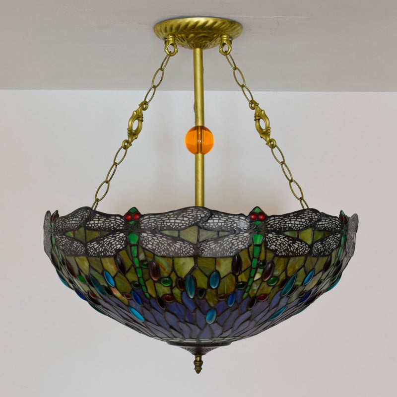 Traditional Tiffany Round Dome Dragonfly Iron Stained Glass 3-Light Chandelier For Living Room