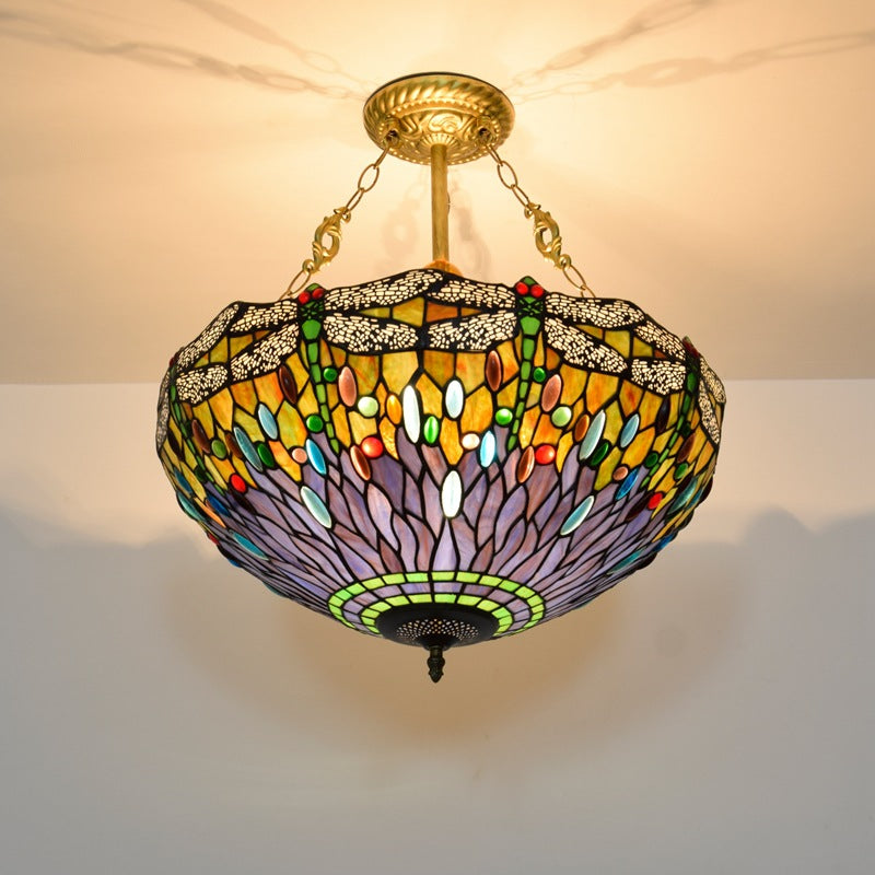 Traditional Tiffany Round Dome Dragonfly Iron Stained Glass 3-Light Chandelier For Living Room