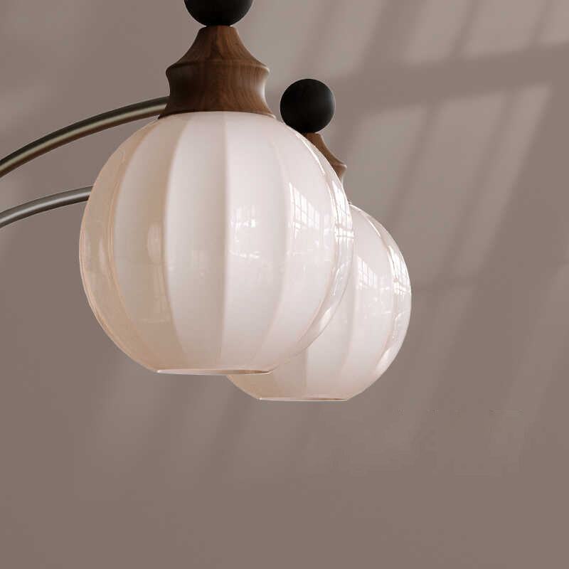 Modern Mid-Century Branch Curved Rod Iron Wood Frame Orb Striped Glass Shade 8-Light Chandelier For Living Room