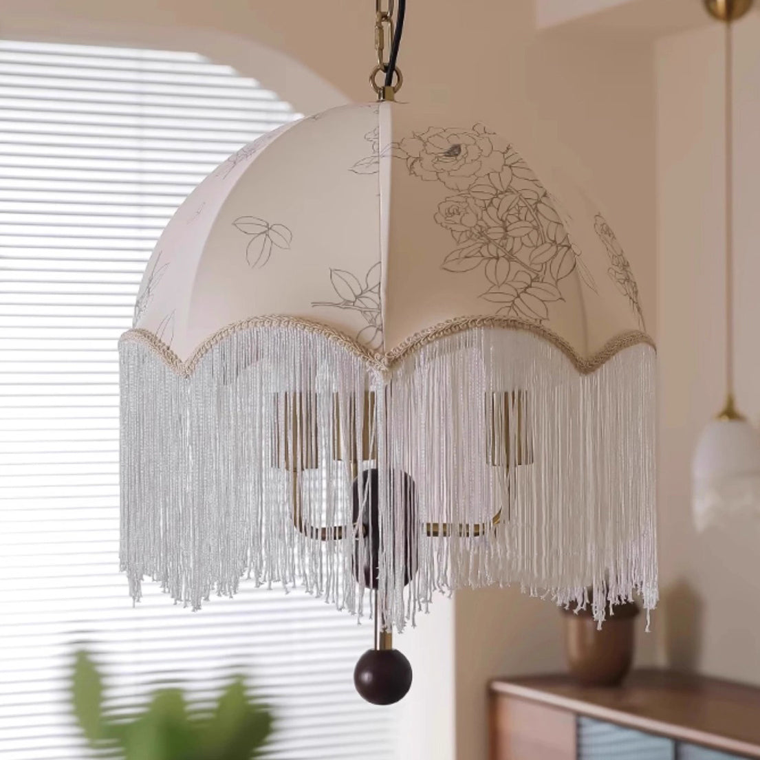 Traditional French Dome Floral Fabric Shade Tassel Wood Metal 3-Light Pendant Light For Living Room