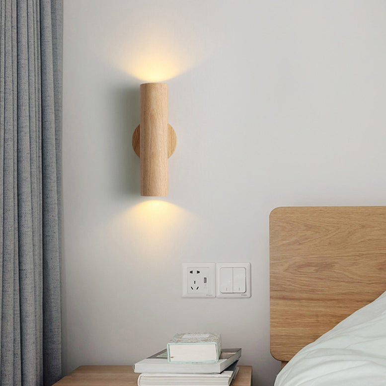 Modern Minimalist Cylinder Wood Grain Rubberwood LED Wall Sconce Lamp For Bedroom