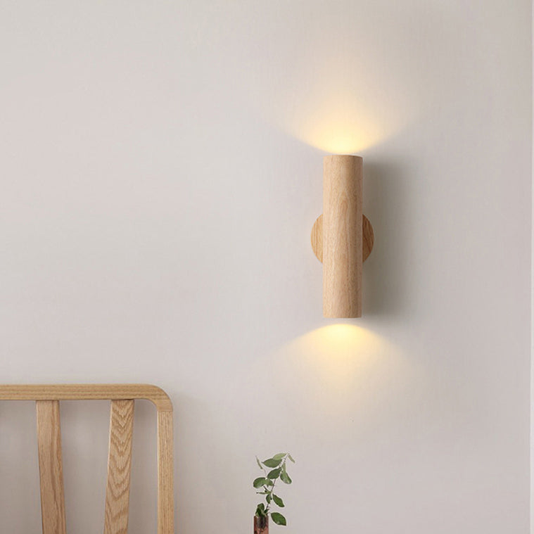Modern Minimalist Cylinder Wood Grain Rubberwood LED Wall Sconce Lamp For Bedroom