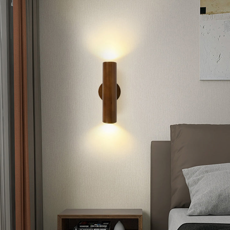 Modern Minimalist Cylinder Wood Grain Rubberwood LED Wall Sconce Lamp For Bedroom