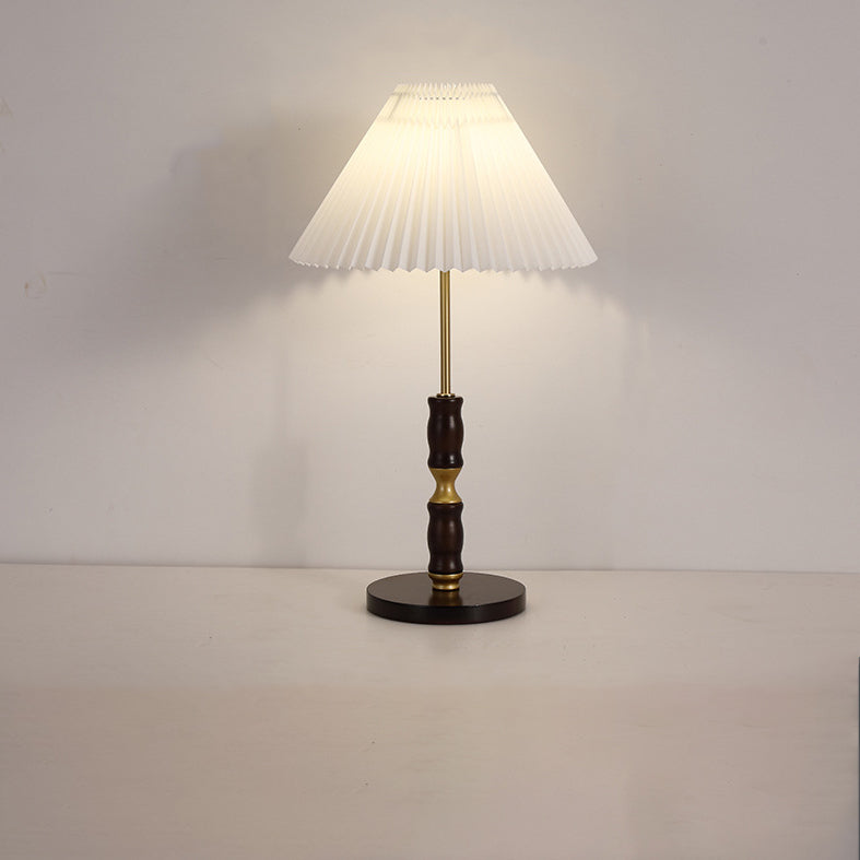 Traditional French Cylinder Cone Stripe Pleated Fabric Shade Solid Wood Metal 1-Light Table Lamp For Bedroom