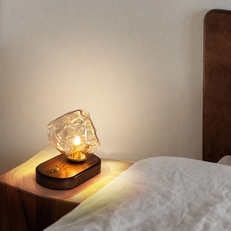 Modern Art Deco Solid Wood Oval Base Ice Cube Shape Glass Shade 1-Light Table Lamp For Bedroom