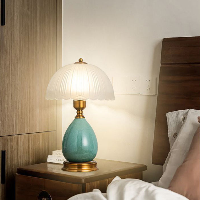 Traditional European Lace Half Round Dome Glass Shade Ceramic Teardrop Base 1-Light Table Lamp For Bedroom