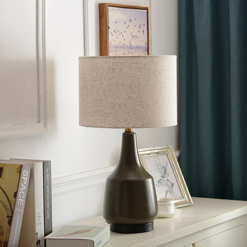 Contemporary Scandinavian Brass Ceramic Fabric Tapered Cylindrical Shade 1-Light Table Lamp For Bedroom And Study
