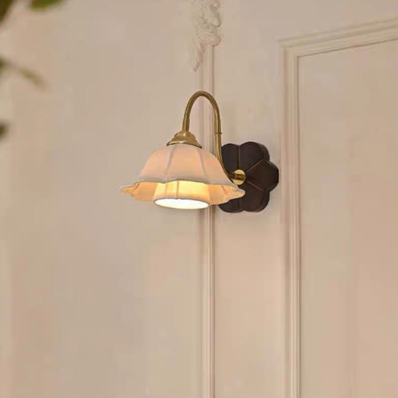 Traditional French Iron Fabric Ash Petal-Shaped 1-Light Wall Sconce Lamp For Bedroom