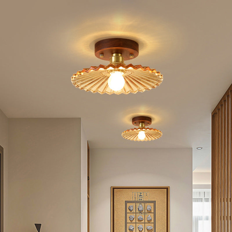 Traditional French Cone Wood Glass Copper 1-Light Semi-Flush Mount Ceiling Light For Living Room