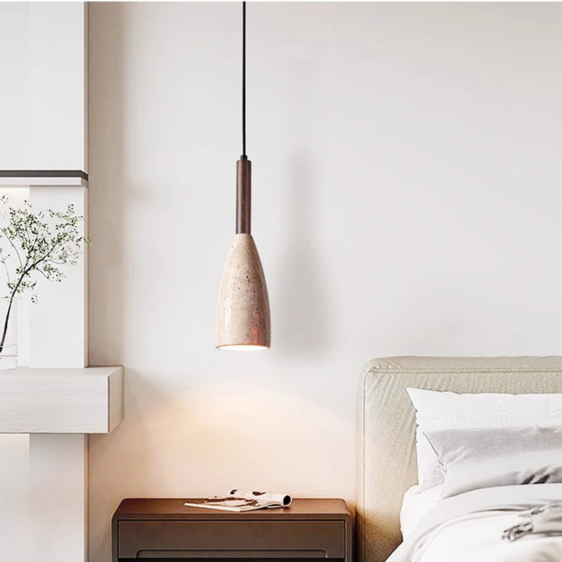 Traditional Japanese Column Wood Stone 1-Light Pendant Light For Living Room