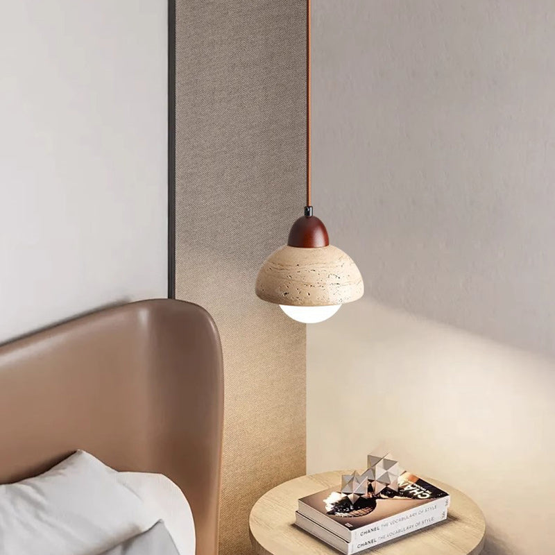 Traditional Chinese Globe Wood Stone 1-Light Pendant Light For Living Room