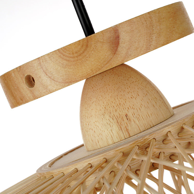 مصباح سقف دائري تقليدي صيني مصنوع من خشب الروطان مزود بإضاءة واحدة وتركيب شبه مسطح لغرفة المعيشة