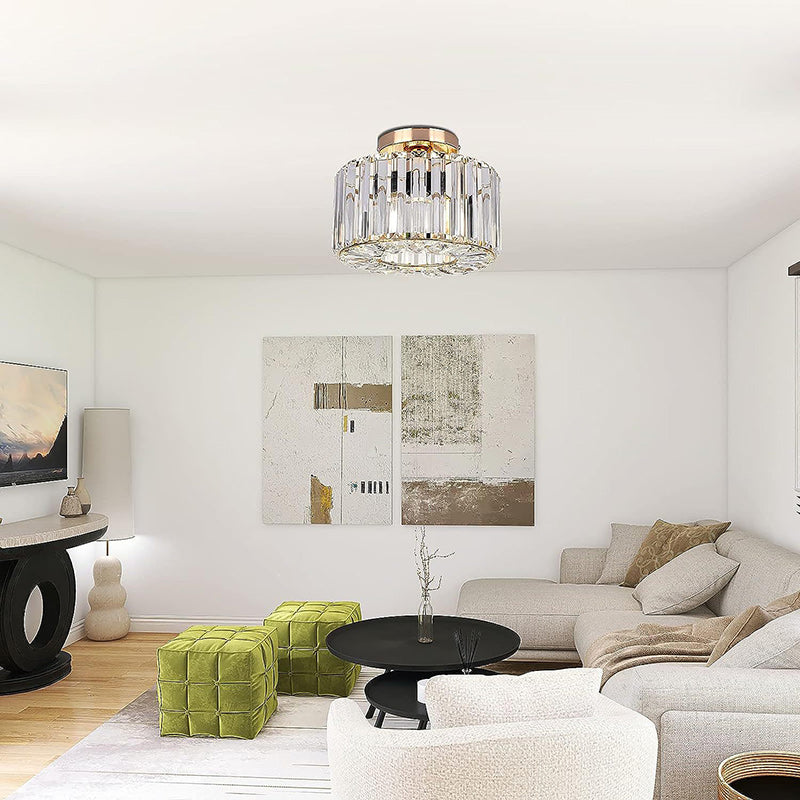 Contemporary Luxury Cylinder Steel Crystal 1-Light Semi-Flush Mount Ceiling Light For Living Room