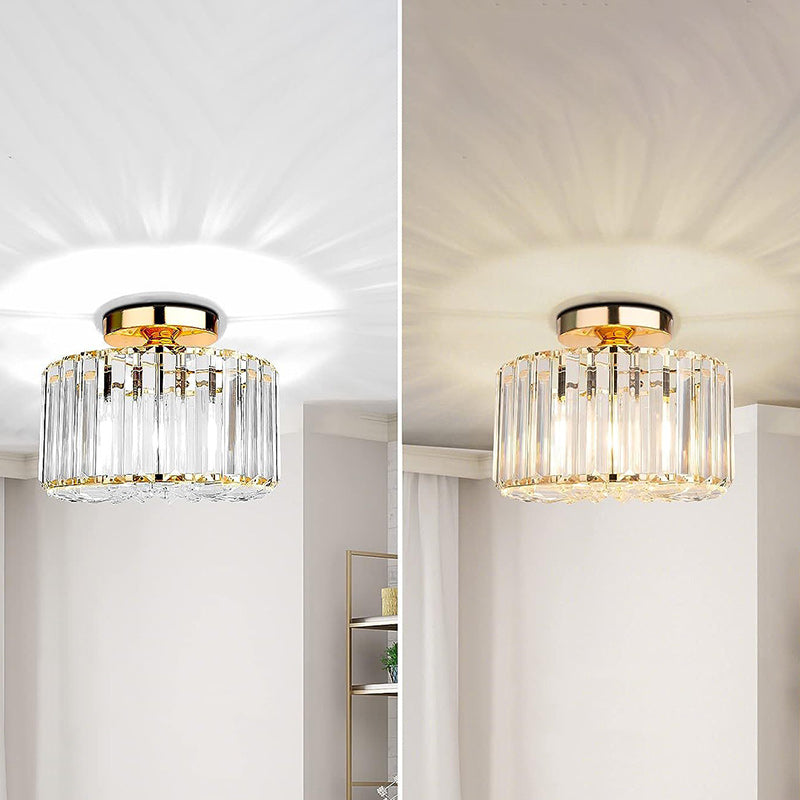 Contemporary Luxury Cylinder Steel Crystal 1-Light Semi-Flush Mount Ceiling Light For Living Room
