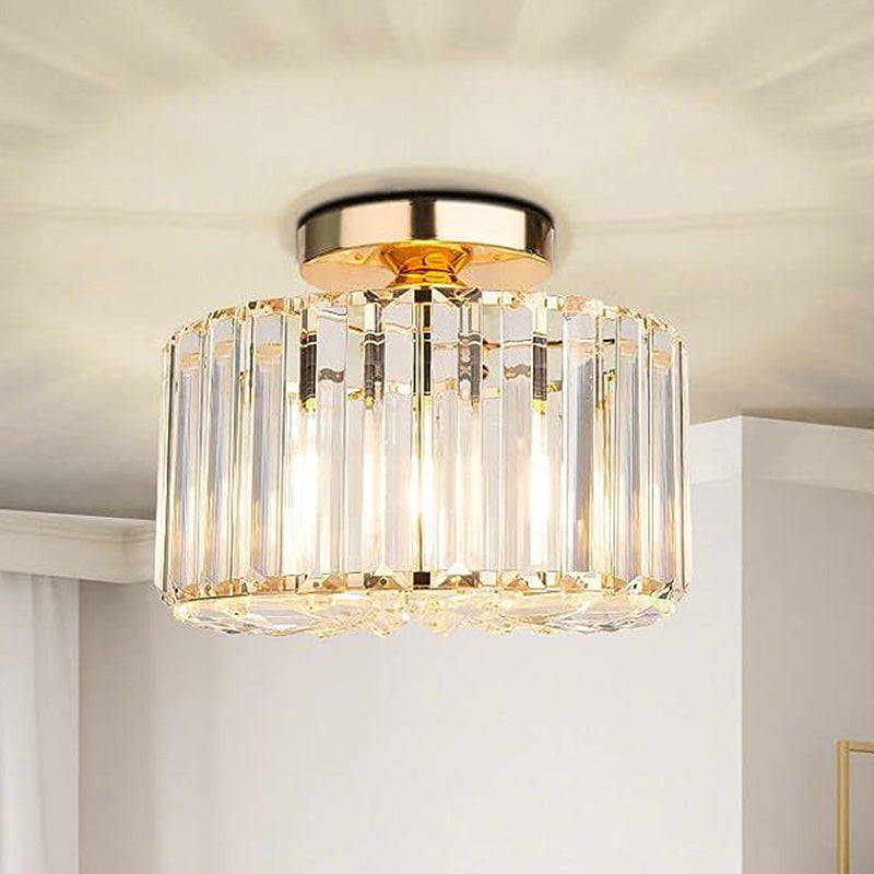 Contemporary Luxury Cylinder Steel Crystal 1-Light Semi-Flush Mount Ceiling Light For Living Room