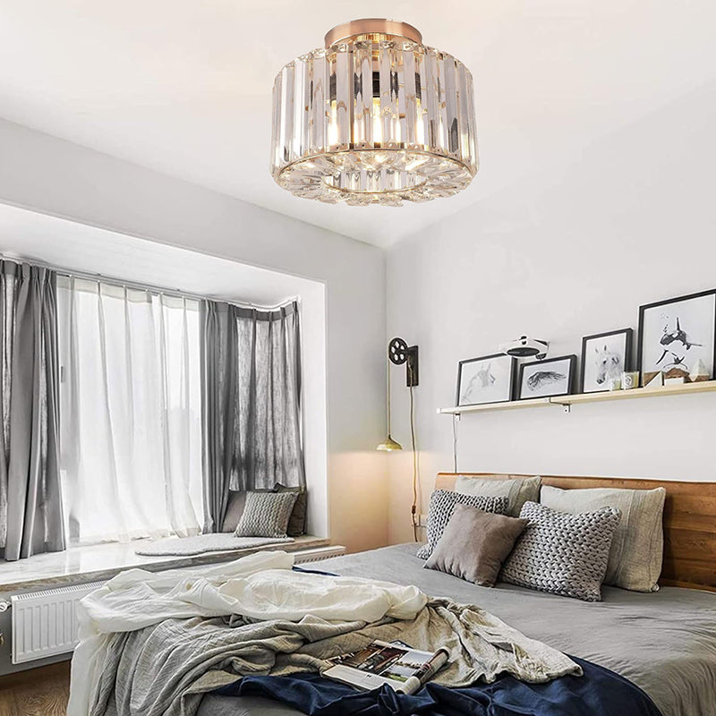 Contemporary Luxury Cylinder Steel Crystal 1-Light Semi-Flush Mount Ceiling Light For Living Room