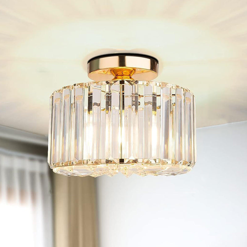Contemporary Luxury Cylinder Steel Crystal 1-Light Semi-Flush Mount Ceiling Light For Living Room