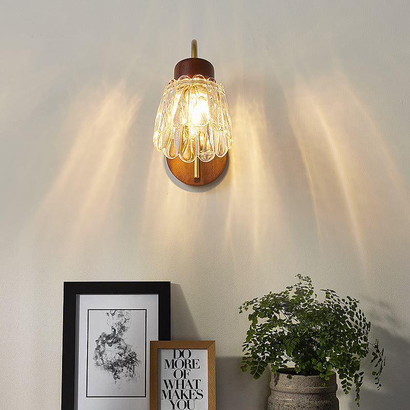 Traditional Vintage Drum Iron Wood Glass 1-Light Wall Sconce Lamp For Living Room