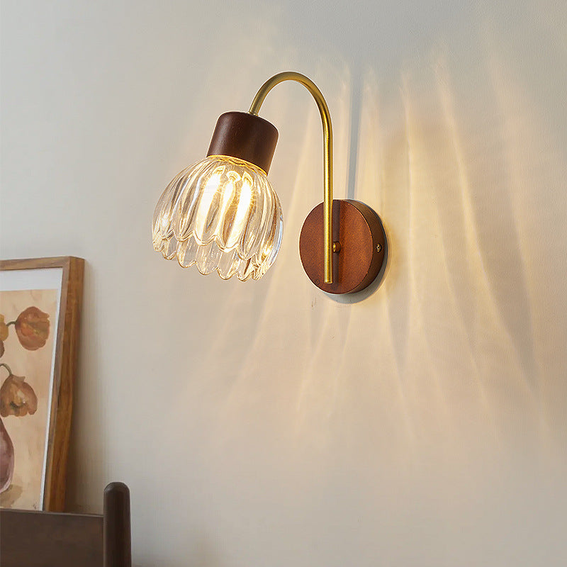 Traditional Vintage Drum Iron Wood Glass 1-Light Wall Sconce Lamp For Living Room