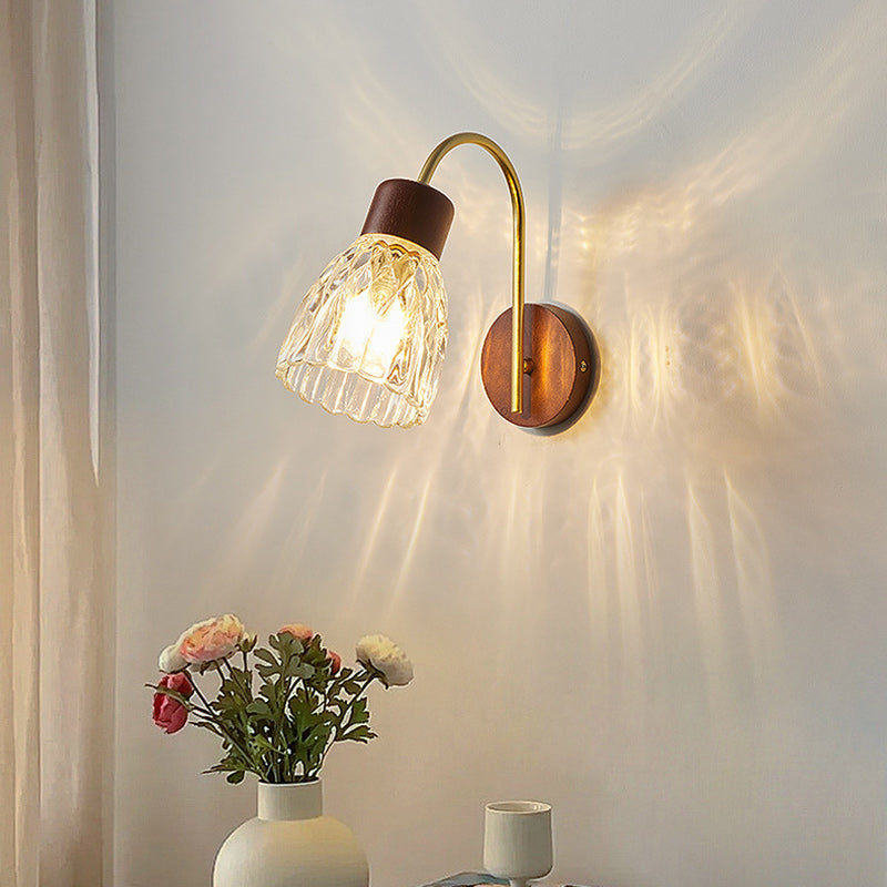 Traditional Vintage Drum Iron Wood Glass 1-Light Wall Sconce Lamp For Living Room