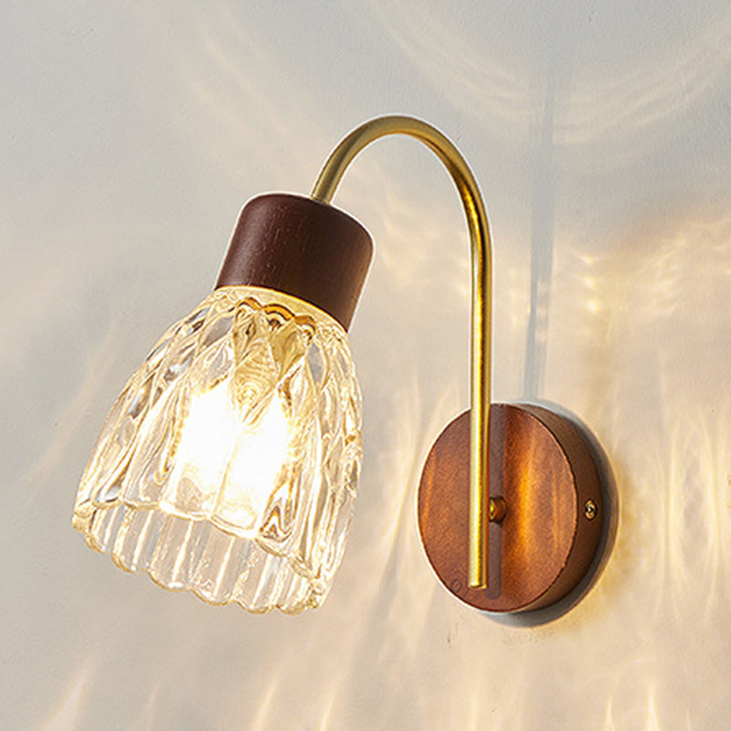 Traditional Vintage Drum Iron Wood Glass 1-Light Wall Sconce Lamp For Living Room