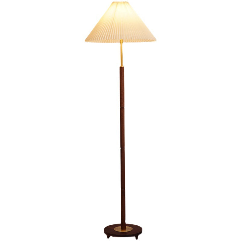 Contemporary Nordic Column Copper Wood Fabric 1-Light Standing Floor Lamp For Living Room
