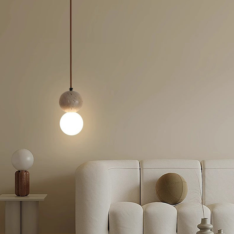 Traditional Japanese Globe Stone Wood Glass 1-Light Pendant Light For Living Room