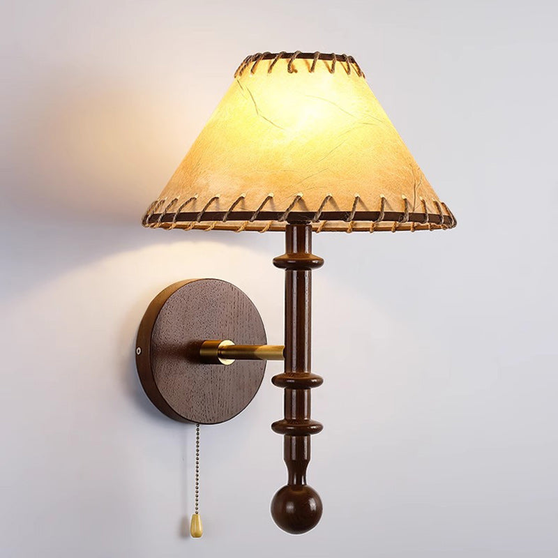 Contemporary Retro Drum Iron Wood Fabric 1-Light Wall Sconce Lamp For Living Room