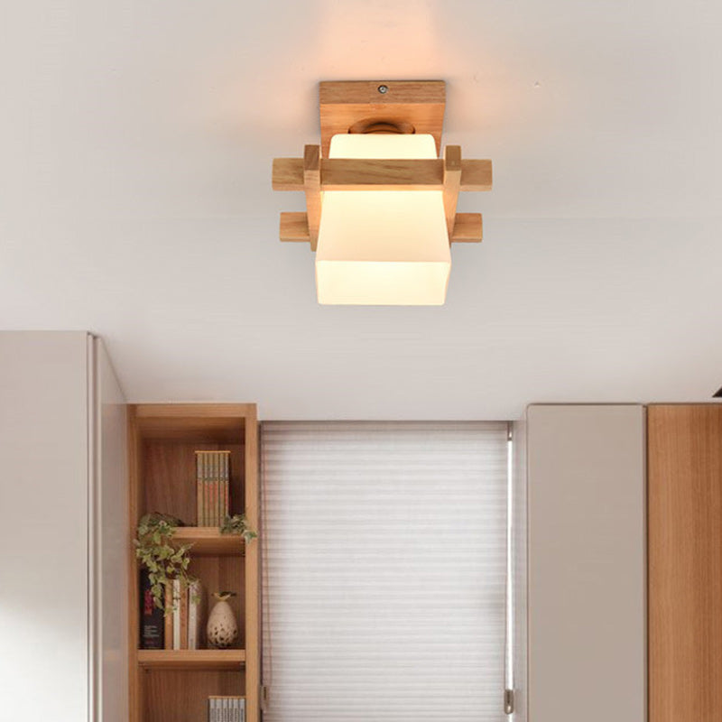 Contemporary Scandinavian Square Wood Glass 1-Light Semi-Flush Mount Ceiling Light For Dining Room