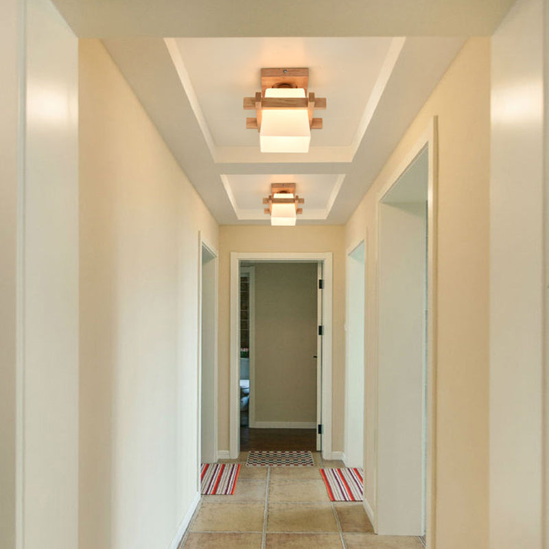 Contemporary Scandinavian Square Wood Glass 1-Light Semi-Flush Mount Ceiling Light For Dining Room