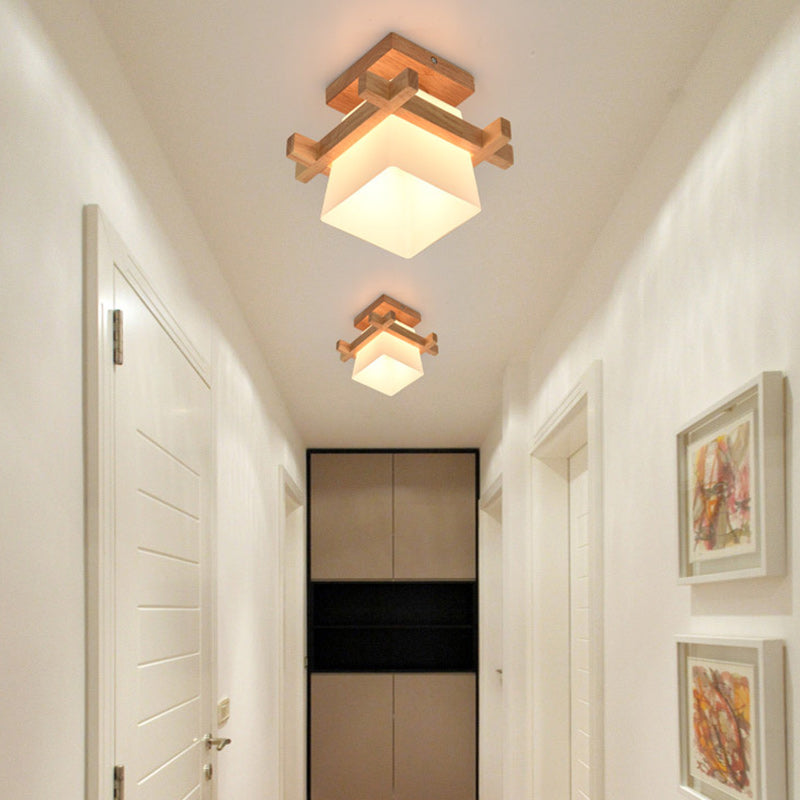 Contemporary Scandinavian Square Wood Glass 1-Light Semi-Flush Mount Ceiling Light For Dining Room