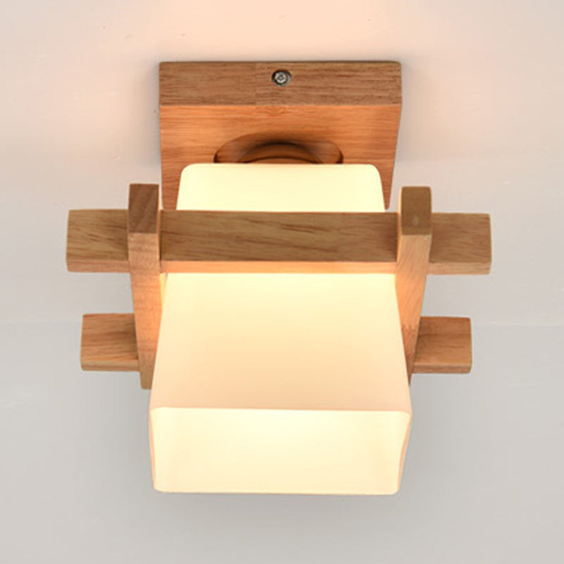 Contemporary Scandinavian Square Wood Glass 1-Light Semi-Flush Mount Ceiling Light For Dining Room