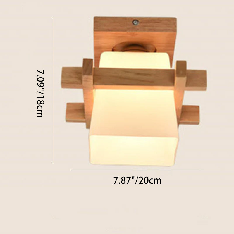 Contemporary Scandinavian Square Wood Glass 1-Light Semi-Flush Mount Ceiling Light For Dining Room