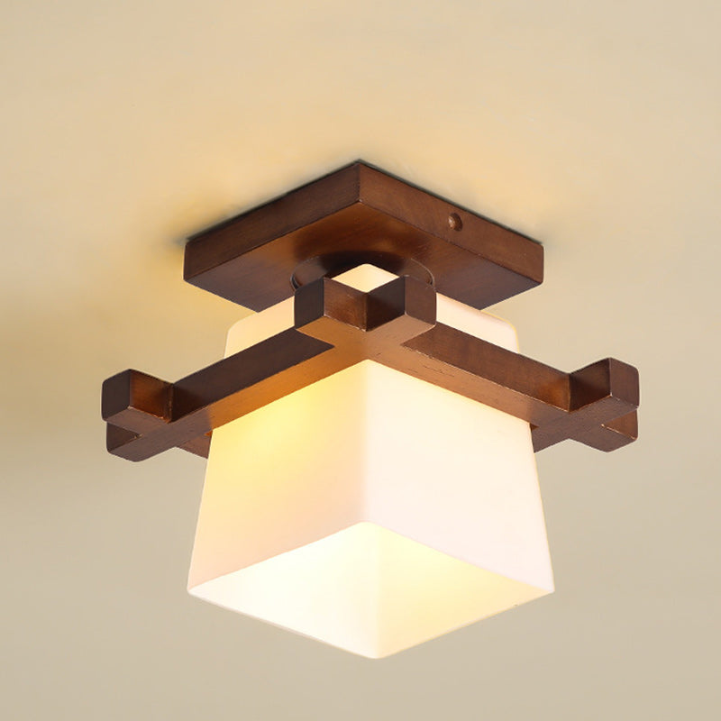 Contemporary Scandinavian Square Wood Glass 1-Light Semi-Flush Mount Ceiling Light For Dining Room