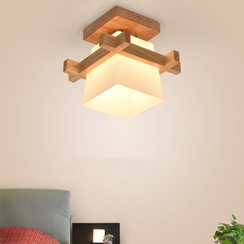 Contemporary Scandinavian Square Wood Glass 1-Light Semi-Flush Mount Ceiling Light For Dining Room