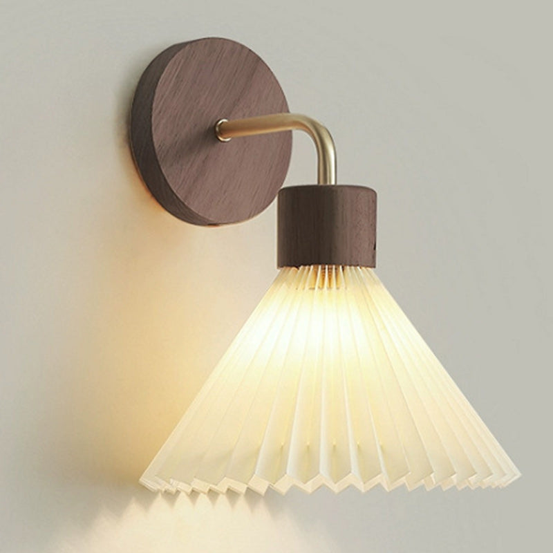 Contemporary Nordic Cone Iron Wood Fabric 1-Light Wall Sconce Lamp For Living Room