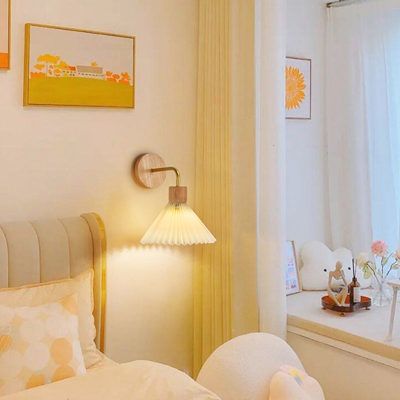 Contemporary Nordic Cone Iron Wood Fabric 1-Light Wall Sconce Lamp For Living Room