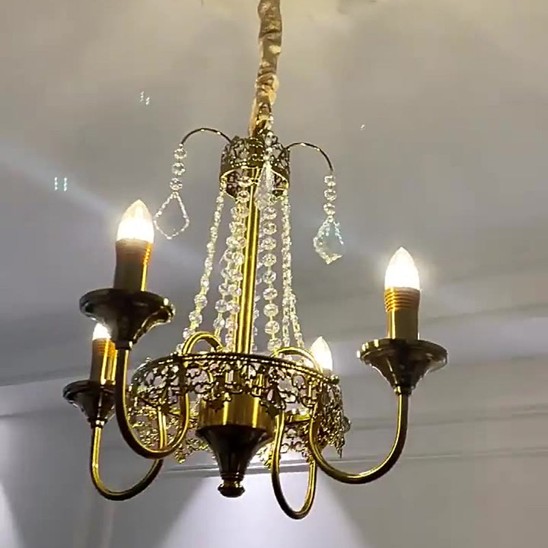 Traditional French Candlestick Iron Crystal 4-Light Chandelier For Living Room