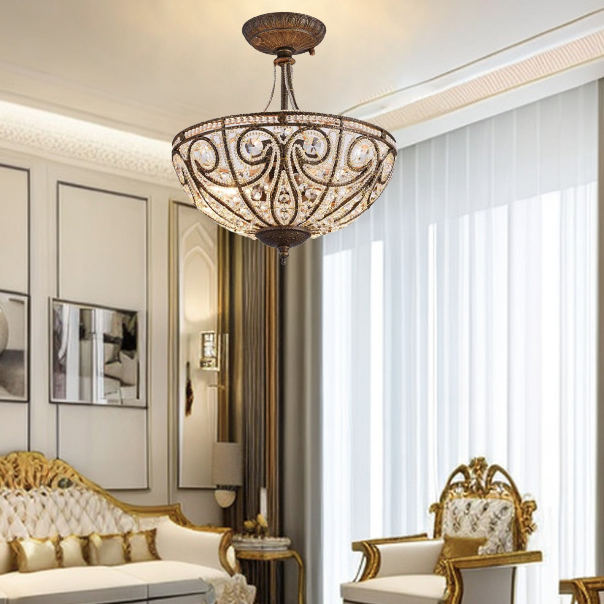 Traditional Vintage Round Iron Crystal 3-Light Chandelier For Living Room