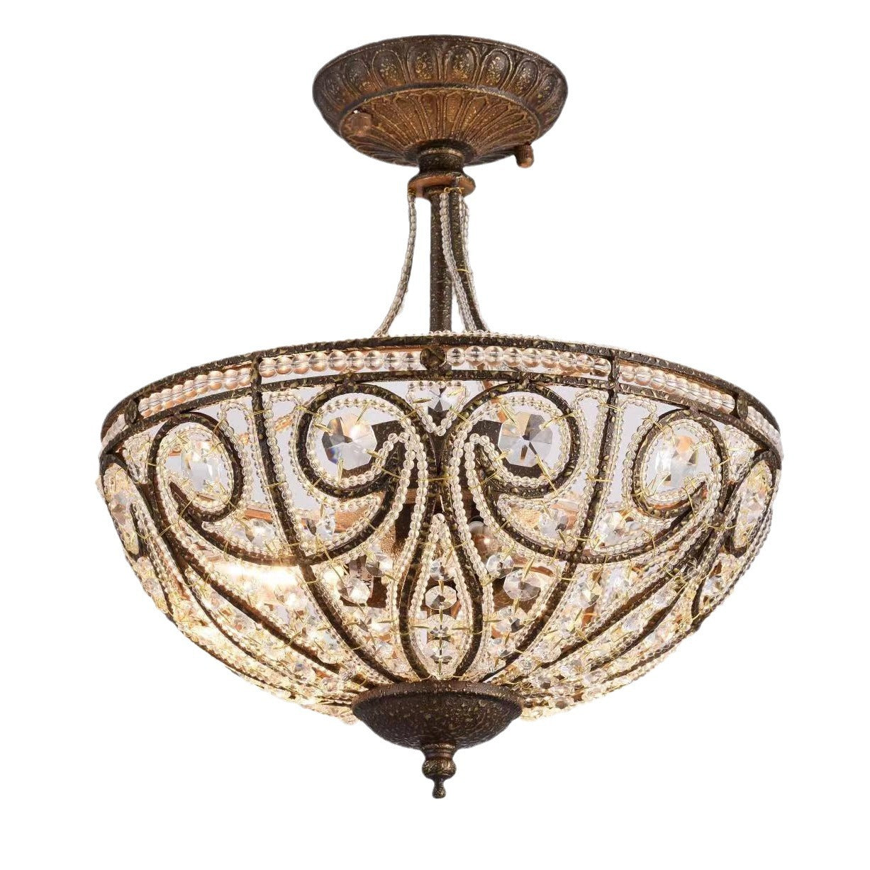 Traditional Vintage Round Iron Crystal 3-Light Chandelier For Living Room