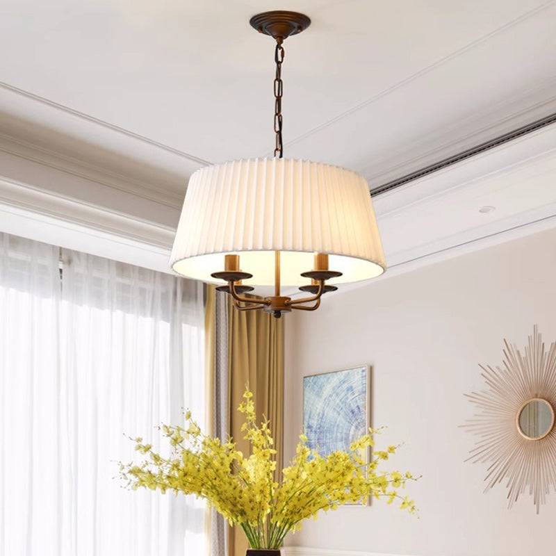 Traditional Vintage Drum Iron Fabric 4-Light Chandeliers For Living Room