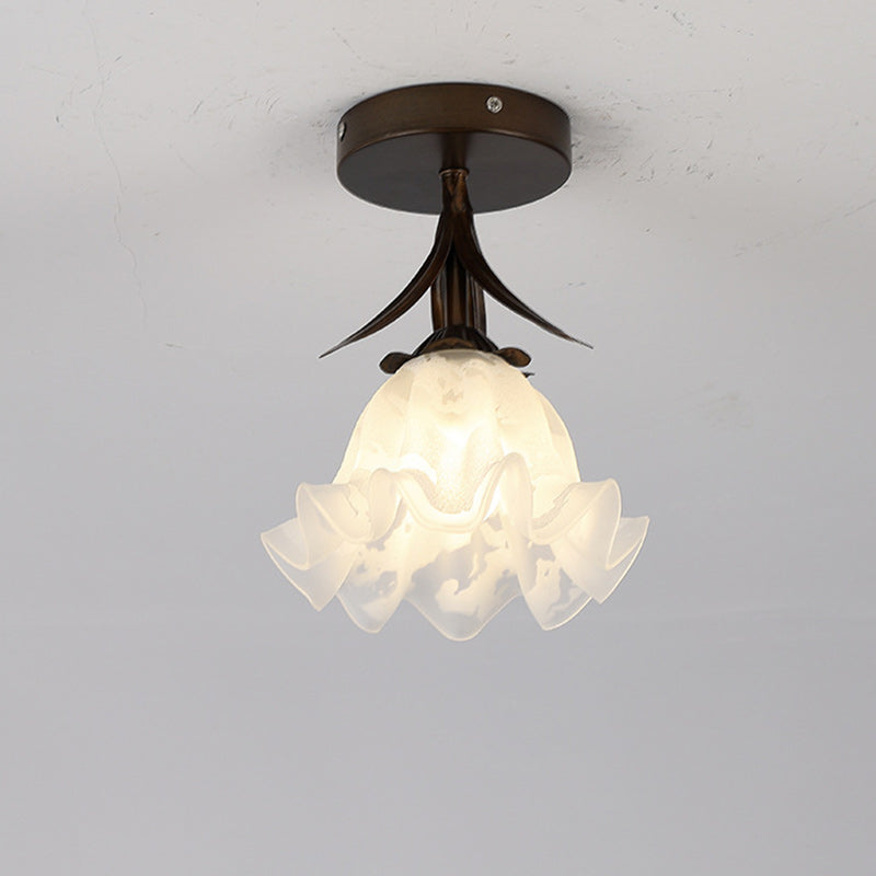 Traditional Vintage Flower Iron Glass 1-Light Semi-Flush Mount Ceiling Light For Living Room