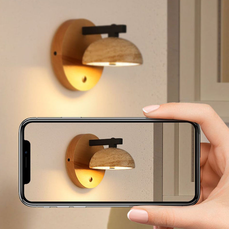 Traditional Japanese Dome Iron Wood Stone LED Wall Sconce Lamp For Living Room