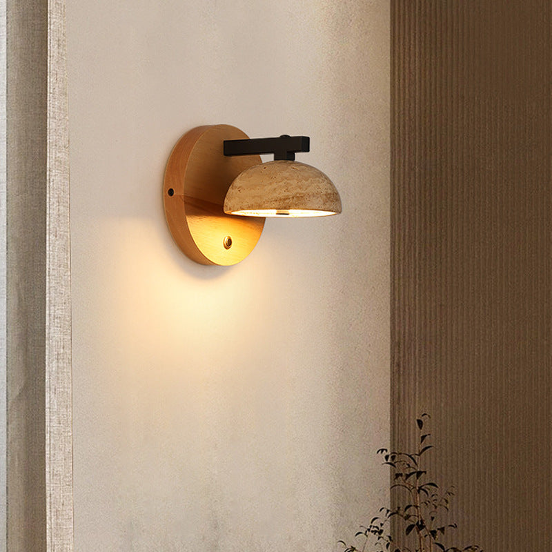 Traditional Japanese Dome Iron Wood Stone LED Wall Sconce Lamp For Living Room