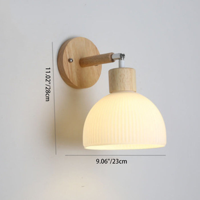Contemporary Scandinavian Dome Wood Glass 1-Light Wall Sconce Lamp For Living Room