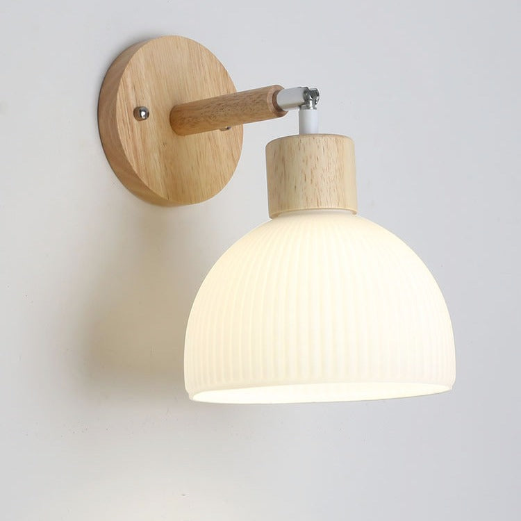 Contemporary Scandinavian Dome Wood Glass 1-Light Wall Sconce Lamp For Living Room