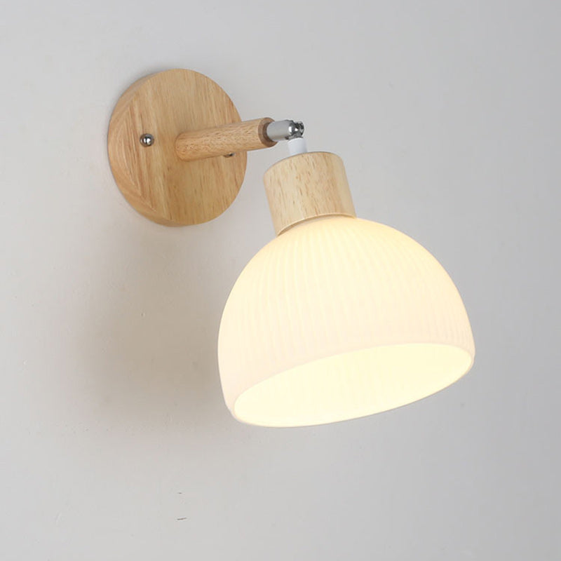Contemporary Scandinavian Dome Wood Glass 1-Light Wall Sconce Lamp For Living Room