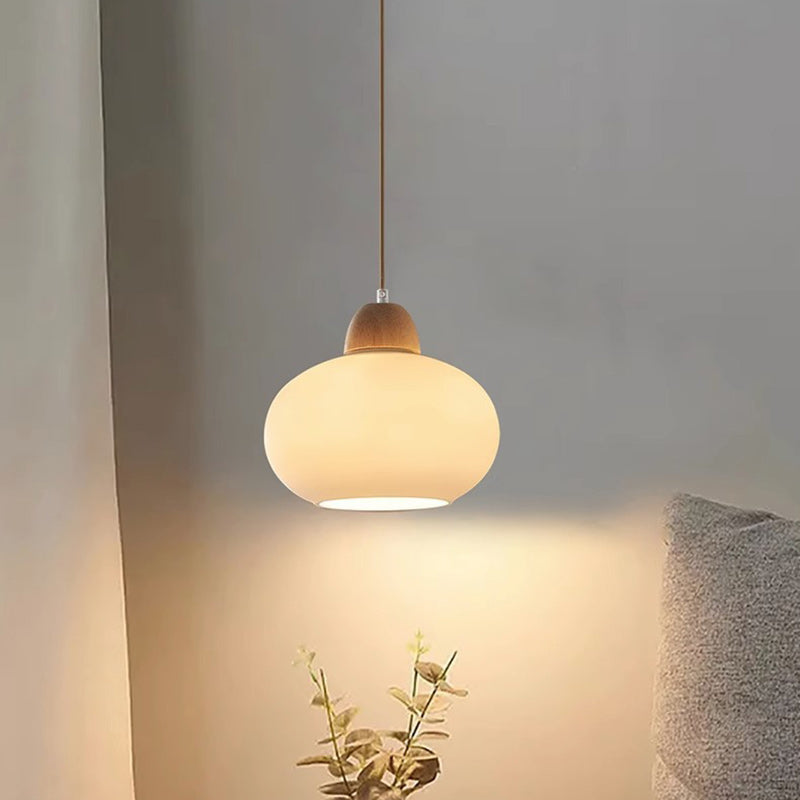 Traditional Japanese Oval Wood Glass 1-Light Pendant Light For Living Room