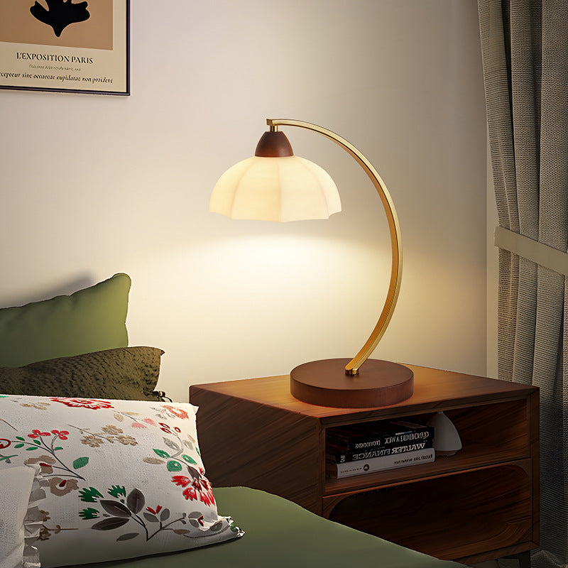 Traditional Vintage Round Wood Iron Glass 1-Light Table Lamp For Living Room