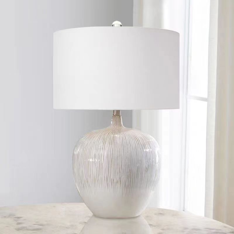 Contemporary Nordic Round Ceramic Fabric 1-Light Table Lamp For Living Room